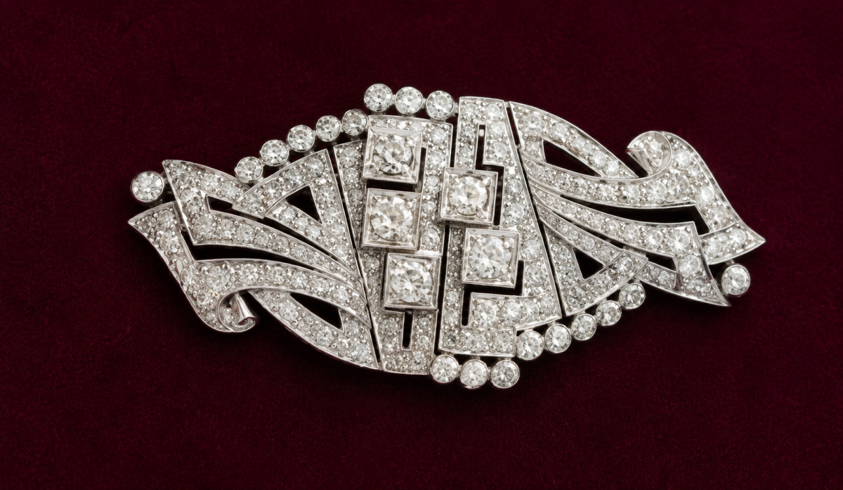 1brosa Art Deco Platinum Brooch with Natural Diamonds